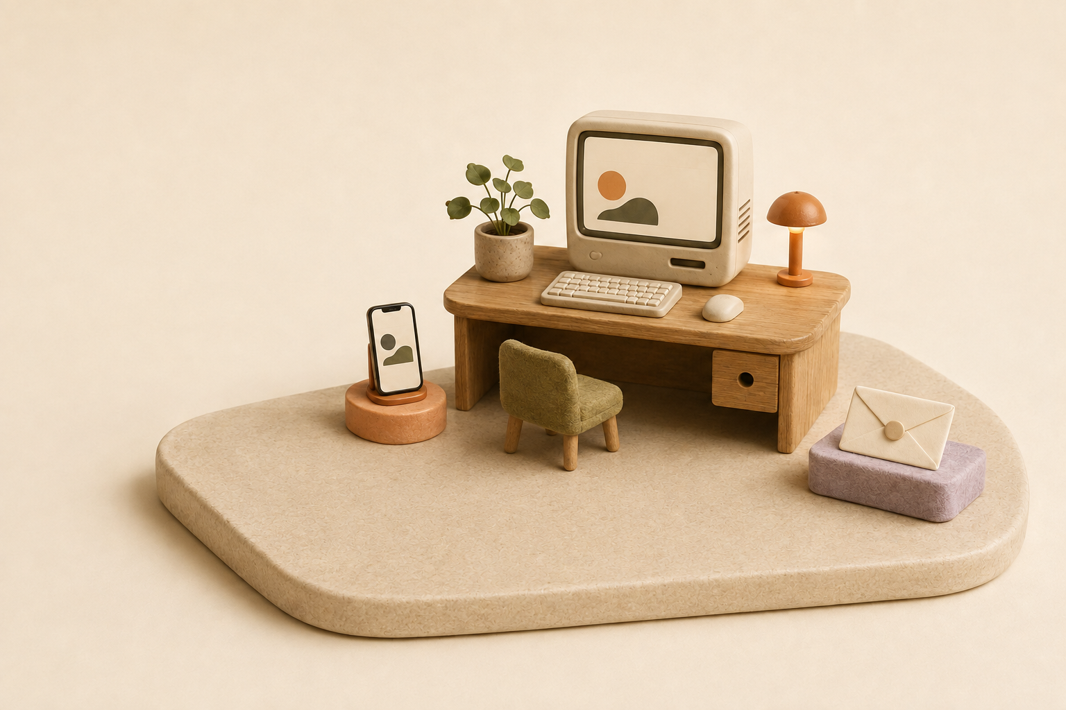 A miniature oak desk with a cream computer, a phone on a terracotta stand, a plant, a lamp, and an envelope.